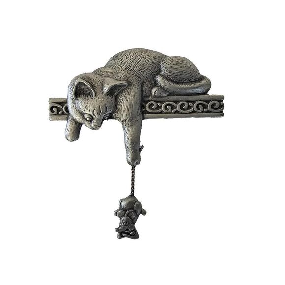 Jonette Jewerly Jewelry - Whimsical Cat Brooch with Mouse Charm JJ Jonette Jewerly Company Pewter Brooch